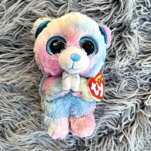 Ty Beanie Boo's Collection United Way Hope Pastel Tie-Dye Praying Bear 6" TySilk